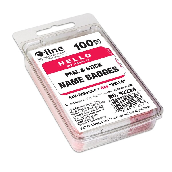 Pressure Sensitive Badges, HELLO My Name Is, Red, 3 12 X 2 14, 100BX Set Of 10 BX, 1000PK